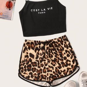 French slogan print Short Set